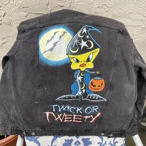 Oversized dark grey Jean jacket. Has spooky tweety bird hand painted on the back